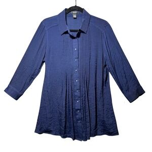 Alfani Tunic Top Navy Blue Pintuck Textured 3/4 Sleeve Button Front Blouse M NEW